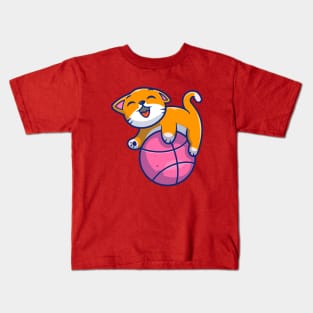 Cute Cat Playing Ball Cartoon (4) Kids T-Shirt